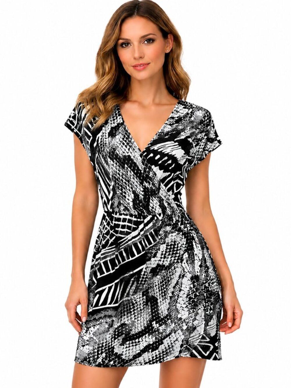 Chico's Faux Wrap Dress Black White Abstract Print Stretch Knee Length Size 1 (